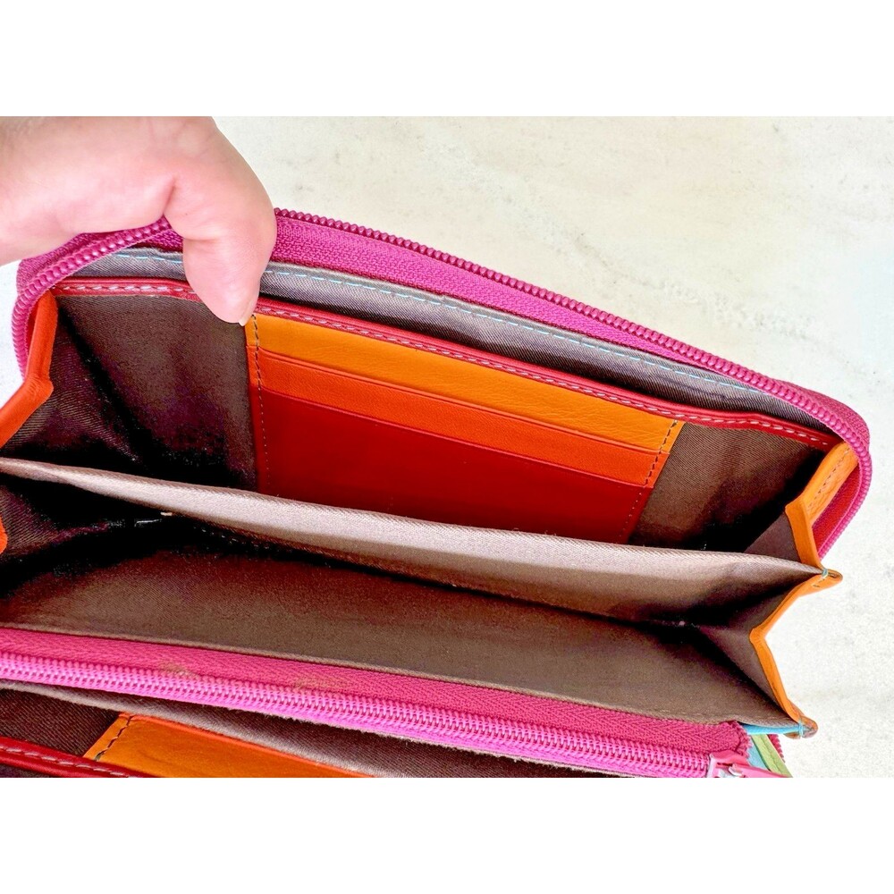 Soft Italian Leather Verde Pelle Large Zippered Wallet Clutch Burgundy Multi - Picture 8 of 12